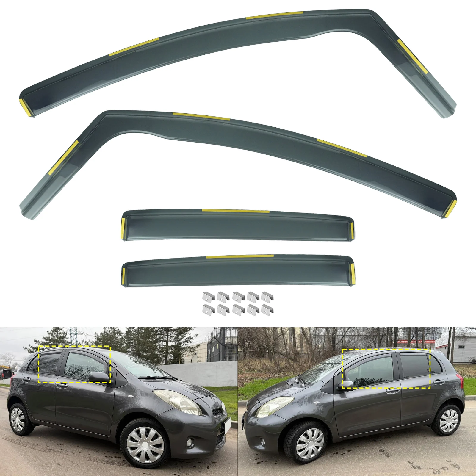 Image of 4 Stück getönte Seitenfenster-Wind-, Regen- und Sonnenschutzblenden, durchscheinend, für Toyota Yaris MK2 P9 5-Türer Schrägheck 2005-2011