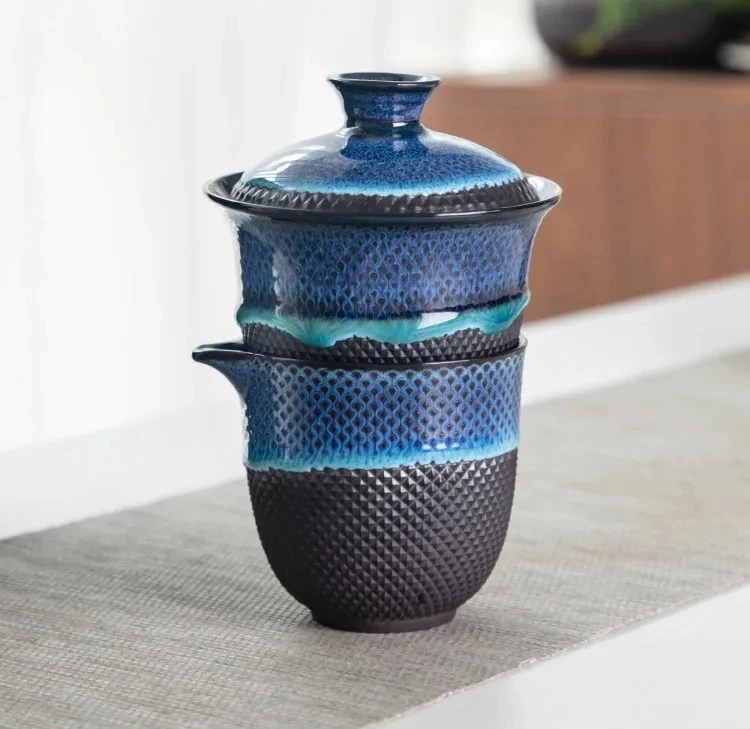 Ceramic Kung Fu Teaware Ceramic Outdoor Camping Adults Chinese One Tea Pot Three Cups Gift 1 Set Portable Teacup Set Travel Kit