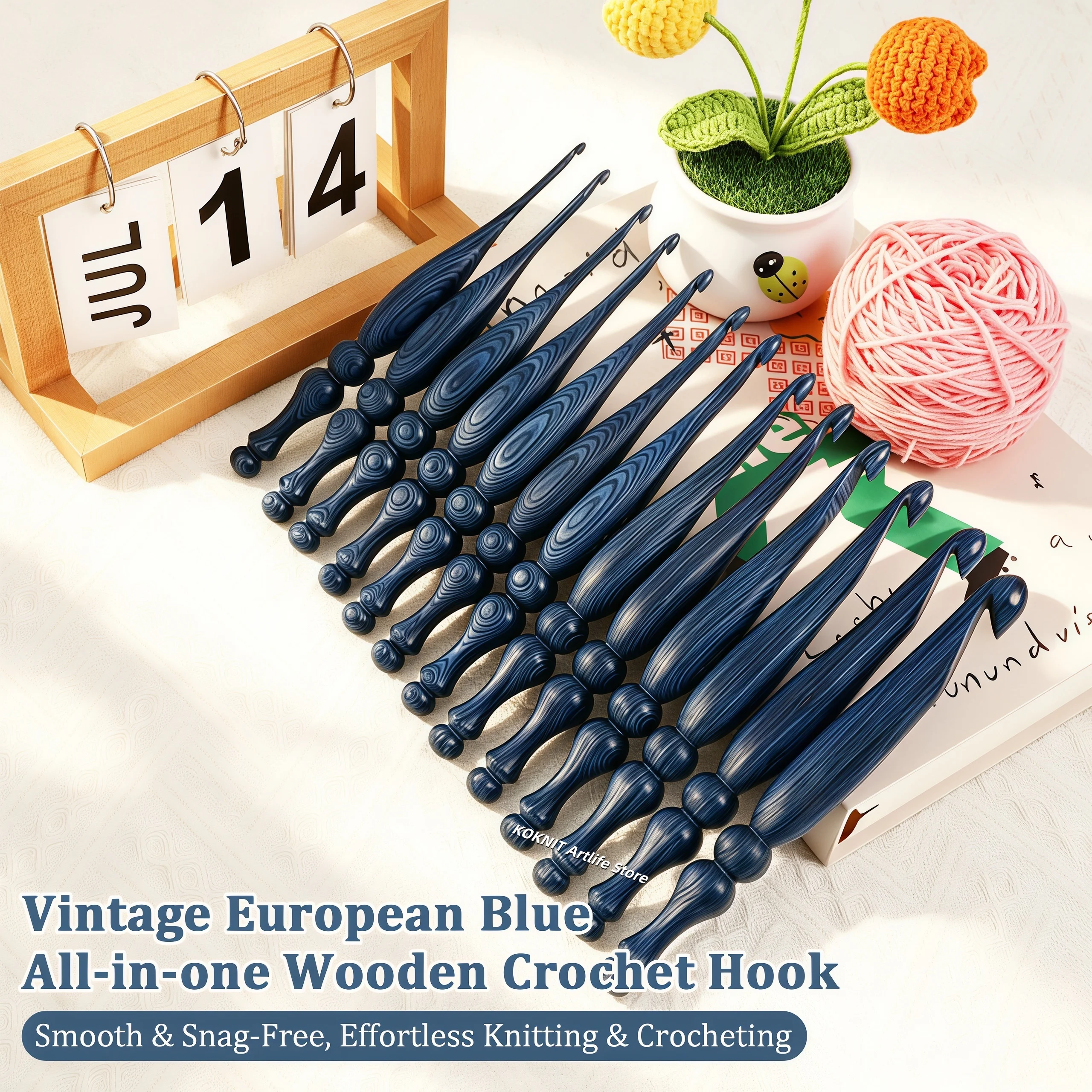 Wooden Crochet Hooks Ergonomic Handle - Blue Vintage Solid Wood Crochet Hook