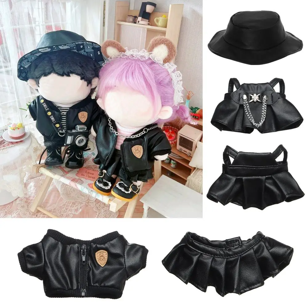 Black Doll Overalls Skirt Suit Clothing PU Leather Jacket 20cm Doll Overalls Doll Outfit Accessories Plush Doll's Clothes