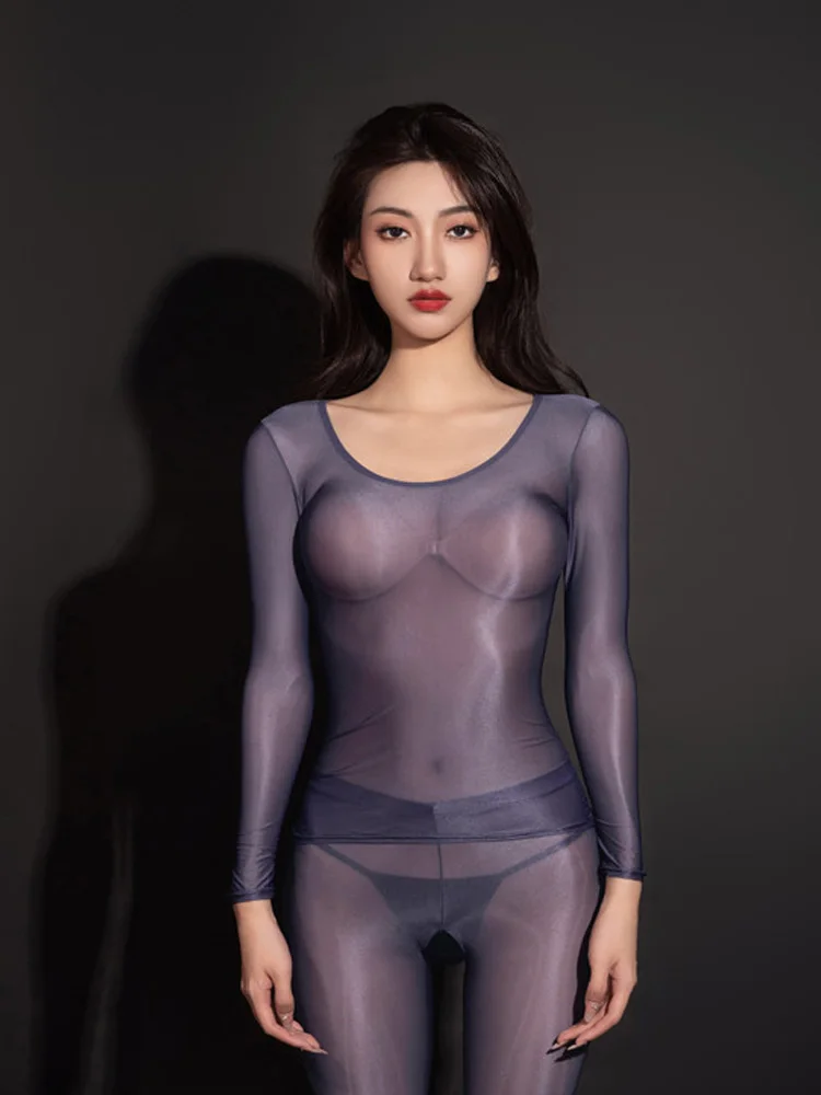 Sexy Women Sheer See Through Elastic Thin T-shirt  Long Sleeve O-Neck Summer Tops Ladies Sexy Tights Ladies Fashion Club Costume