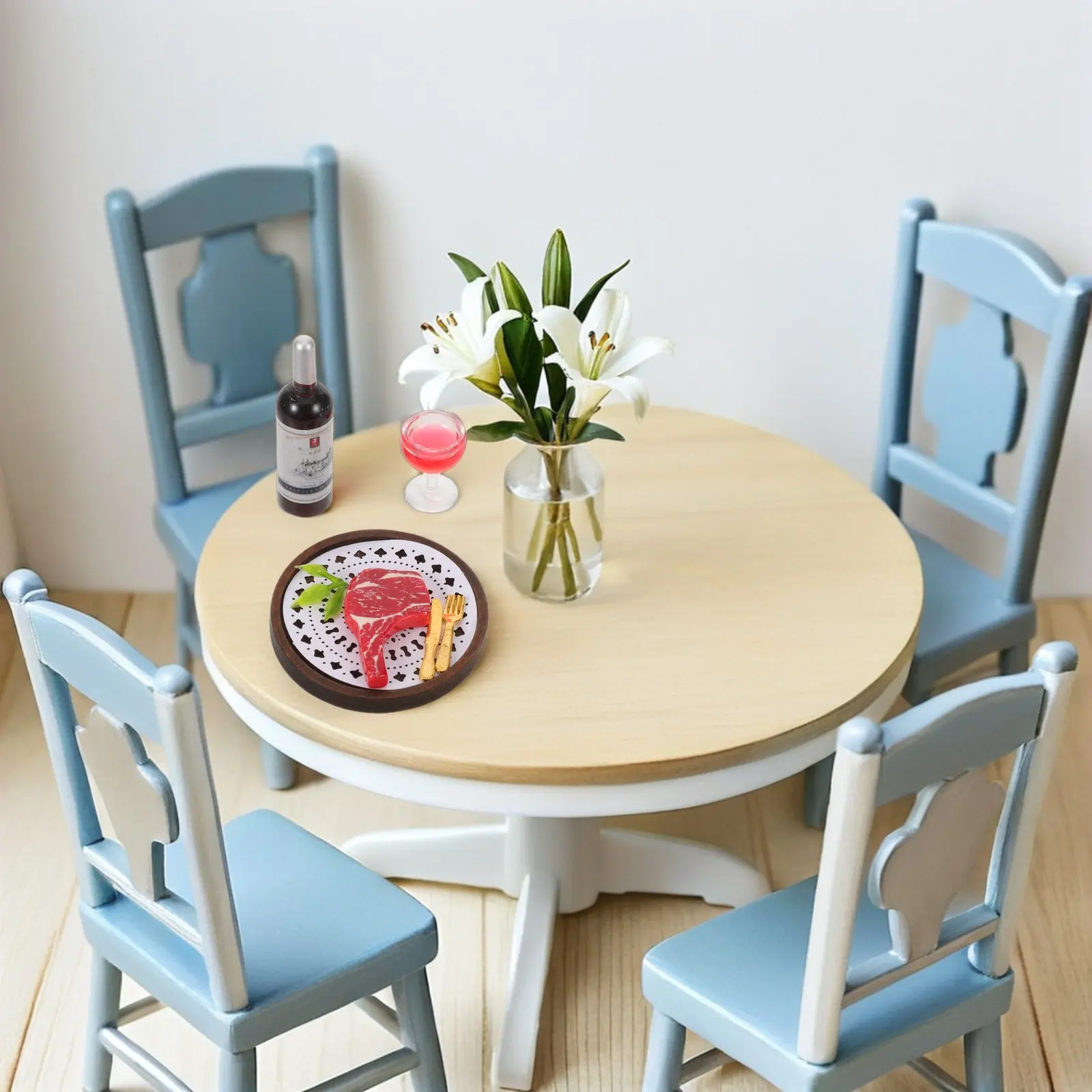 

Набор из 4 реалистичных миниатюрных моделей еды: стейк и вино для кукольного домика, декора, поделок, кухонных аксессуаров