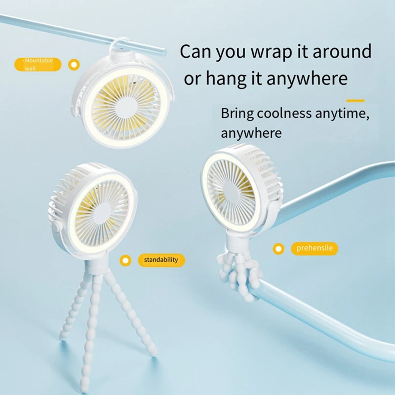 AB42-Portable Rechargeable Baby Stroller Fan Clip-On Octopus Night Light Mini Personal Handheld Portable Fan