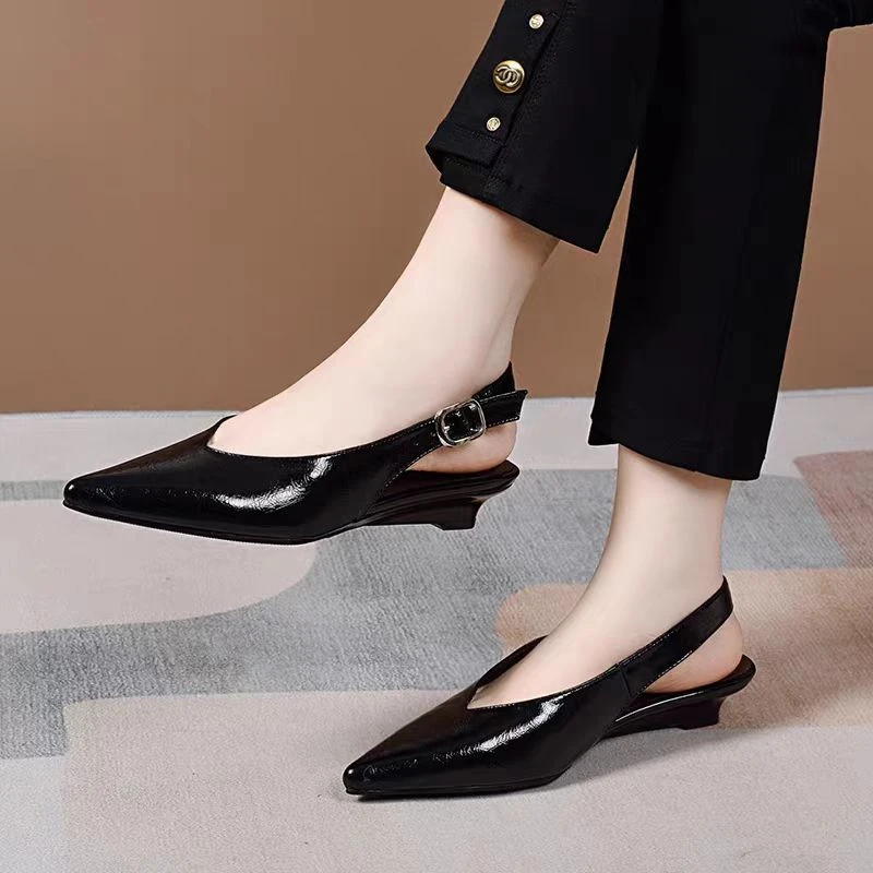 Women's Sandals Summer 2026 New Stylish Pointed WedgeShallow Single Shoes French Flat Shoes Leather