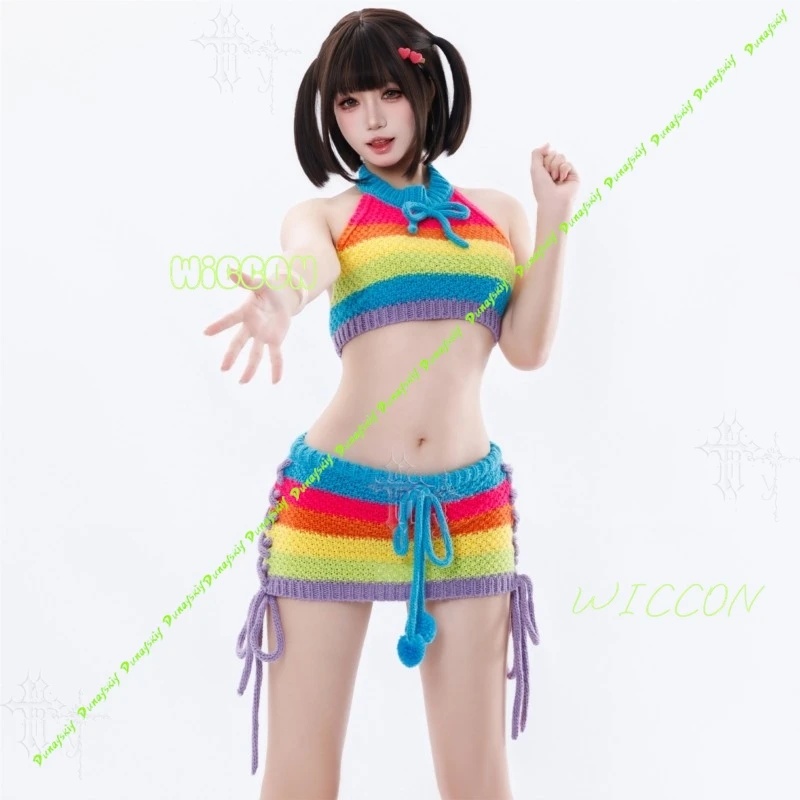 

Neck Socks Gloves Set Original Rainbow Backless Sweater Pure Desire Cosplay Lingerie Set High Lolita Kawaii Spring Rainbow