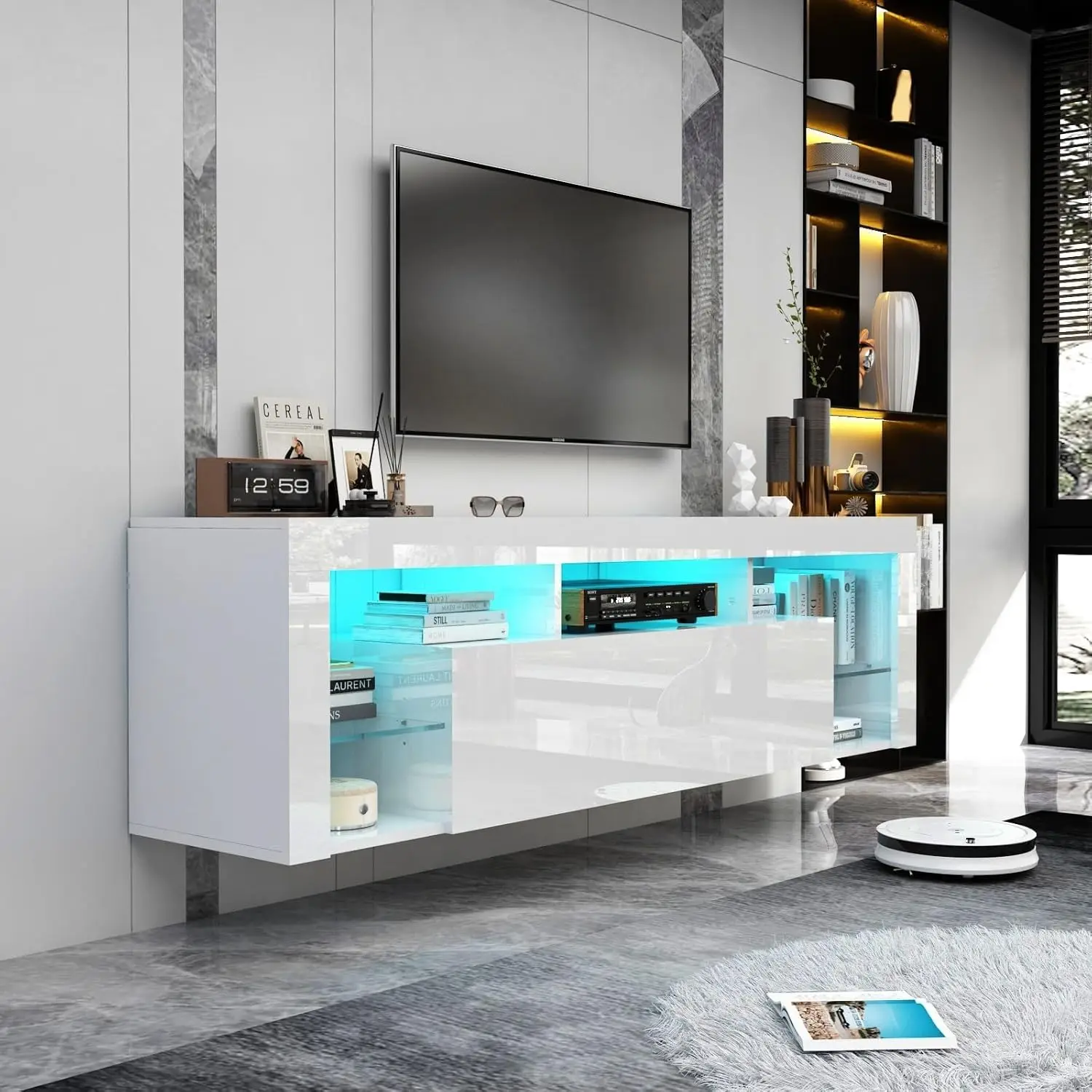 63in High Gloss LED Floating TV Stand Wall Mounted Storage & Adjustable Glass Shelf Entertainment Gaming  Customized