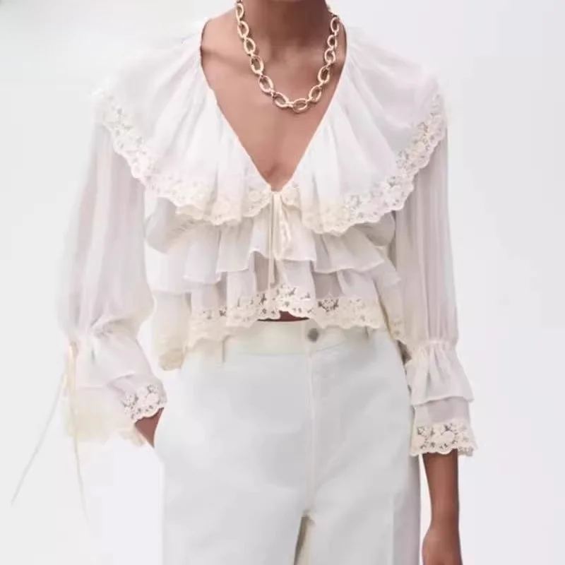 

Многослойная декоративная кружевная отделка из шифона с v-образным вырезом, весна-лето, новые женские модные длинные свечи свободного покроя