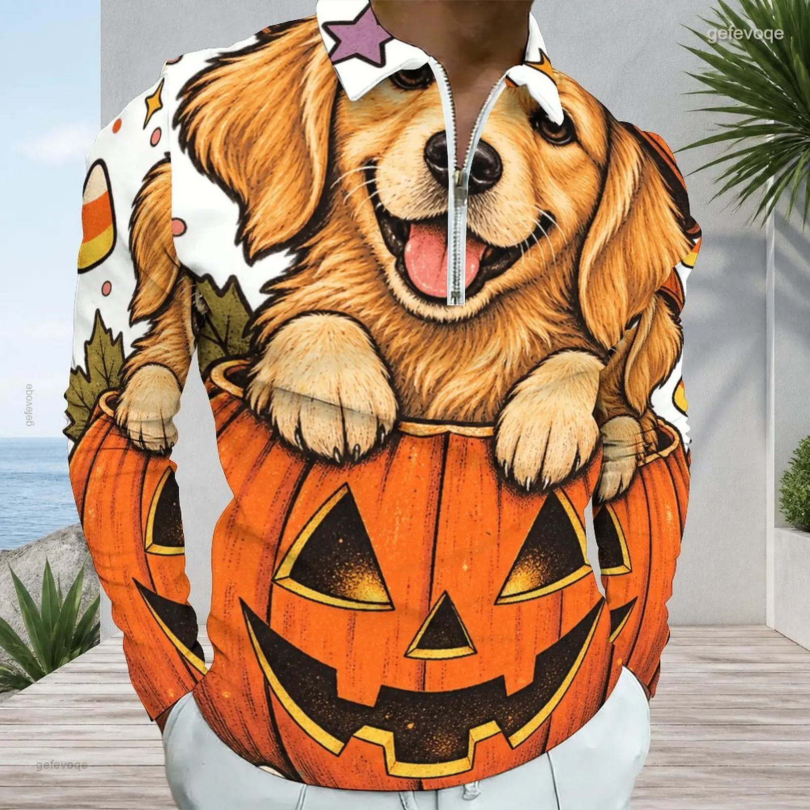 Men Quarter Zip Long Sleeve Polo Shirt, Printed Smiling Golden Retriever in Jack O' Lantern