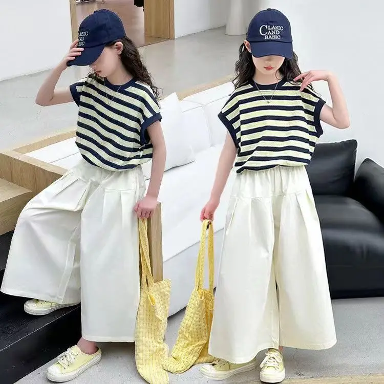 

2026 summer girls Clothes Child set sleeveless Suit Teen striped t shirt crop top +wide leg loose pants 4 8 10 12 14 years