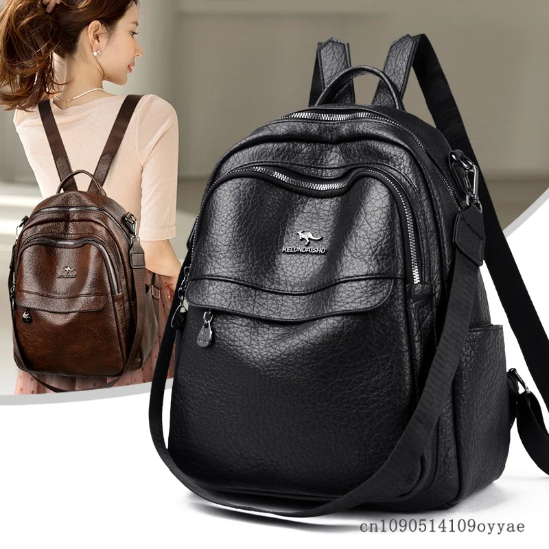 Large Capacity Soft Leather Dual Shoulder Bag Women High Quality Versatile Backpack Bag Label Application Work Casual Travel