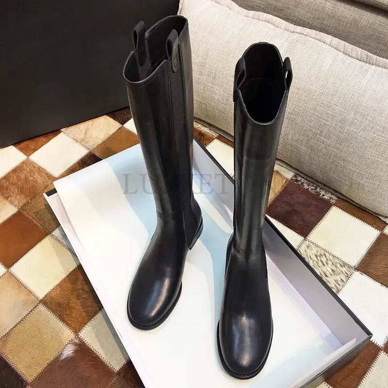 Bottes en cuir véritable pour femmes, bottes au genou, talons hauts, chaussettes décontractées, chaussures à plateforme, printemps, hiver