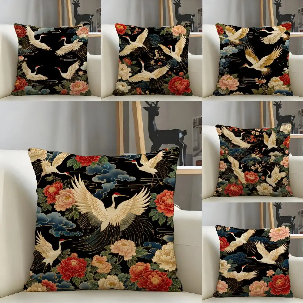 Chinese Style Painted Cranes Cushion Cover Natural Linen Pillow Case Organic Fabric Double Sided Print Sofa Home Decor Gift