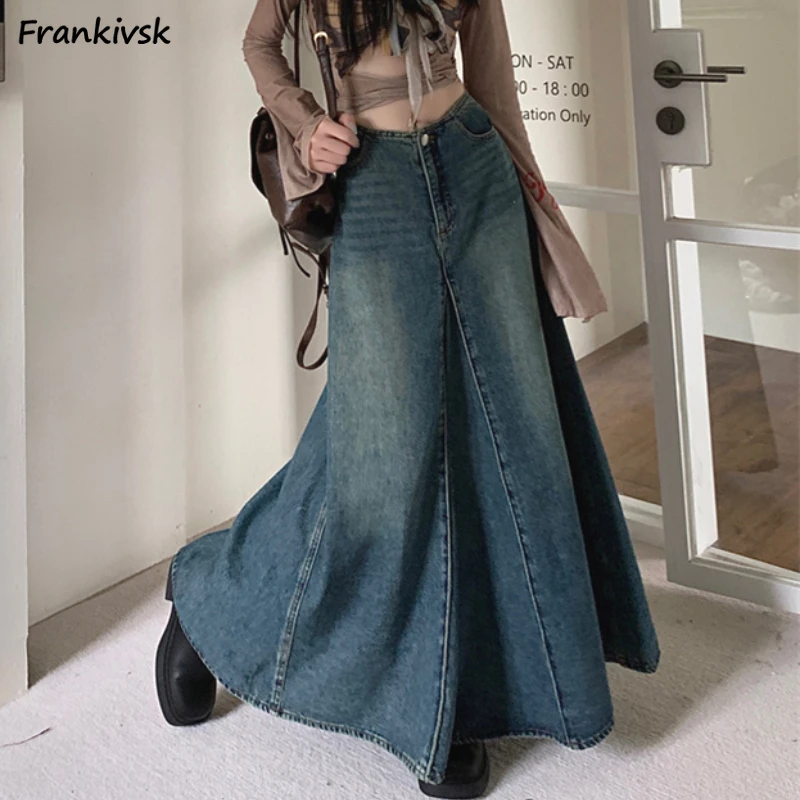 Denim Long Skirts Women Baggy Vintage High Waist Y2k Tender Washed American Style Streetwear Fashion All-match Personality Mujer