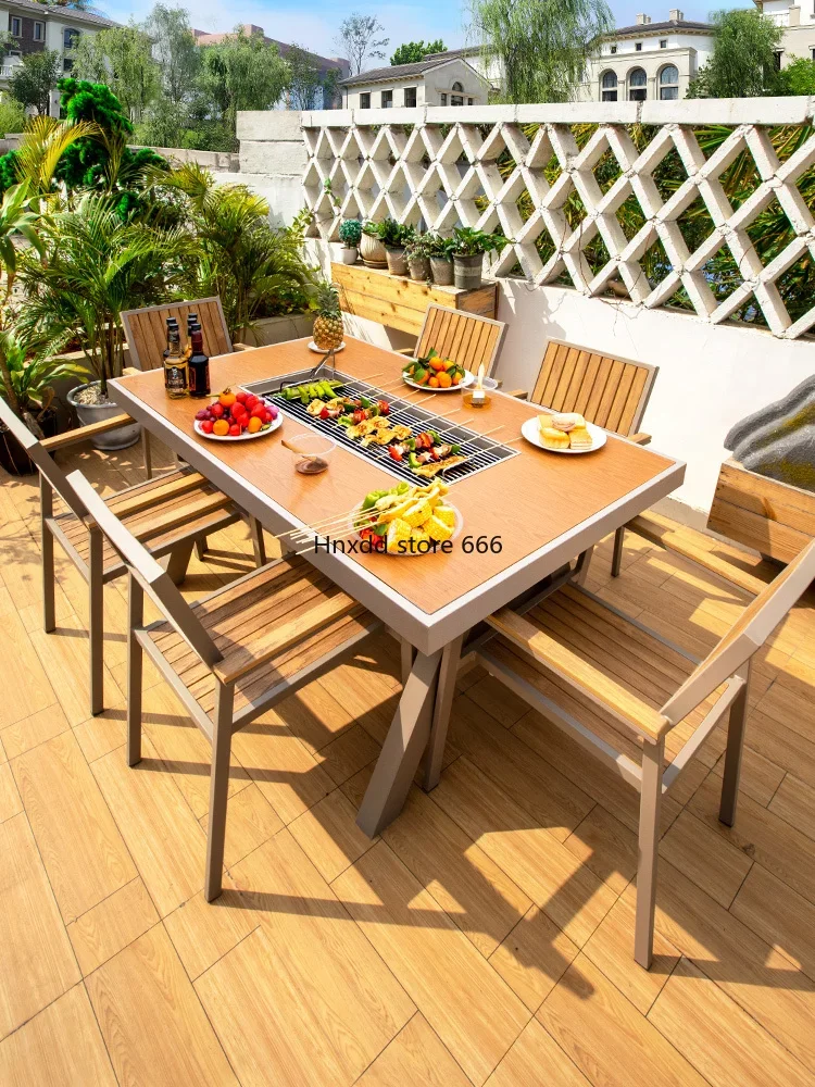 Outdoor leisure barbecue table and chair combination