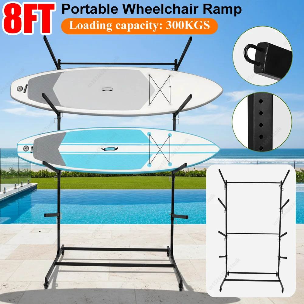 Soporte de Almacenamiento para Kayaks de 4 Niveles con Base Ancha Antivuelco, Soporte para Tablas de Paddle Surf con Ruedas y Patas Intercambiables para Garaje, Muelle y Uso en la Orilla del Mar