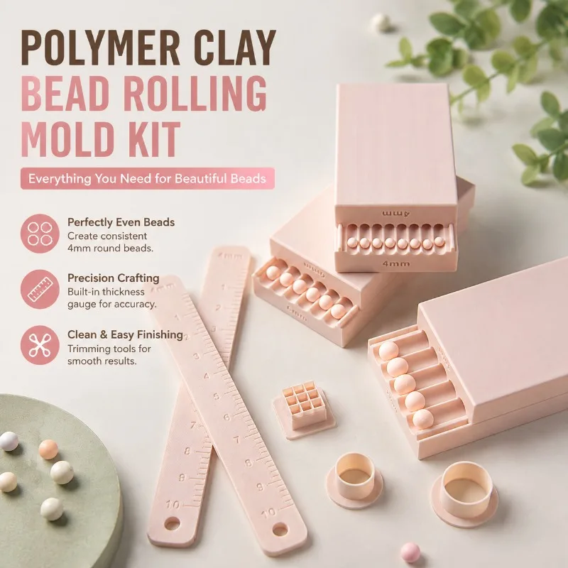 Round Ball Polymer Clay Roller Mold Bead Making Auxiliary Tool with Thickness Gauge Cutter Handmade Clay Bead Measuring Shaping