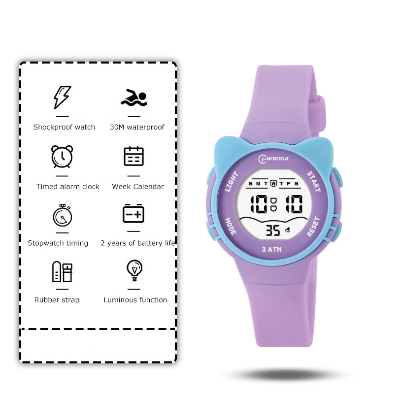 OHSEN-Montres de sport pour enfants, montre-bracelet numérique de dessin animé rose, chronomètre électronique LED, étanche à 50m, garçons et filles