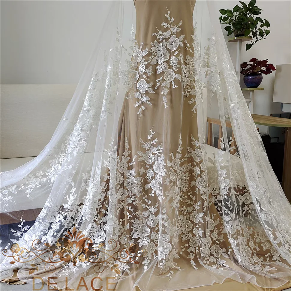 

JZQ Exquisite Floral Embroidered Wedding Dress Lace Flower Lace With Sequins Bridal Dress DIY Lace Fabric