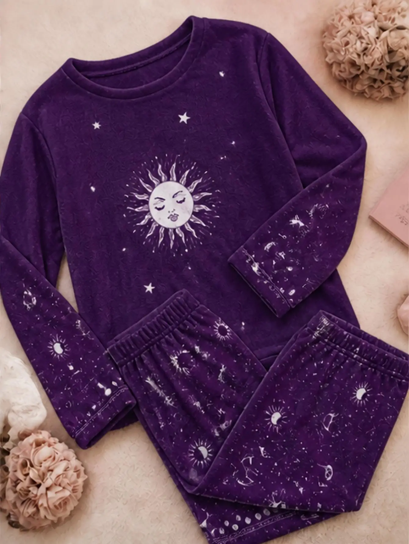 Women Plus Size Coral Fleece Pajama Set Purple Sun Moon Star Print Long Sleeve Top & Pants Warm Winter Sleepwear