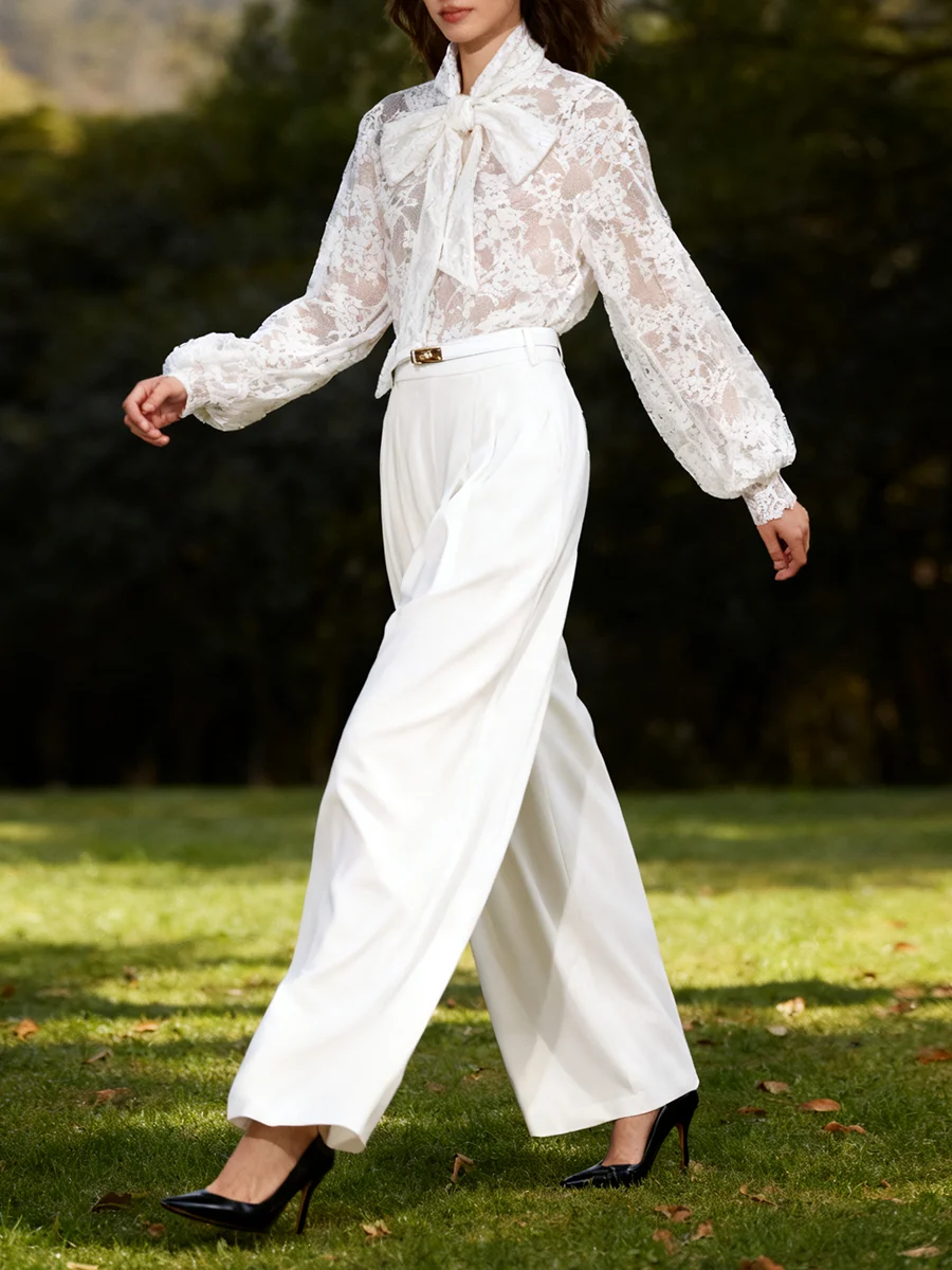 VGH Casual Solid Slimming Two Piece Sets For Women Round Neck Long Sleeve Lace Top High Waist Pants Elegant Set Female Fashion