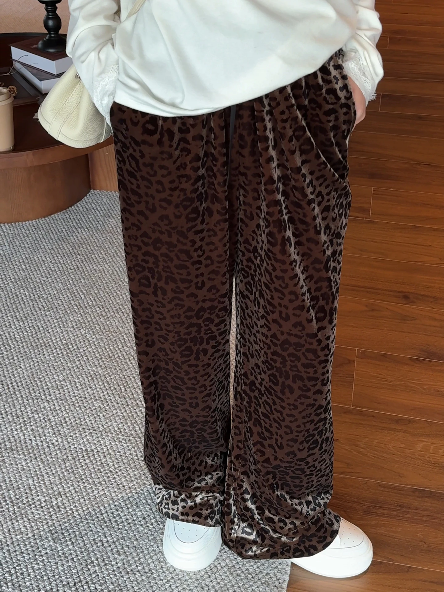 

High Waist Velvet Pants Leopard Print Elastic Straight Leg Casual Trousers for Women Commute Sle Gold Velvet Slimming
