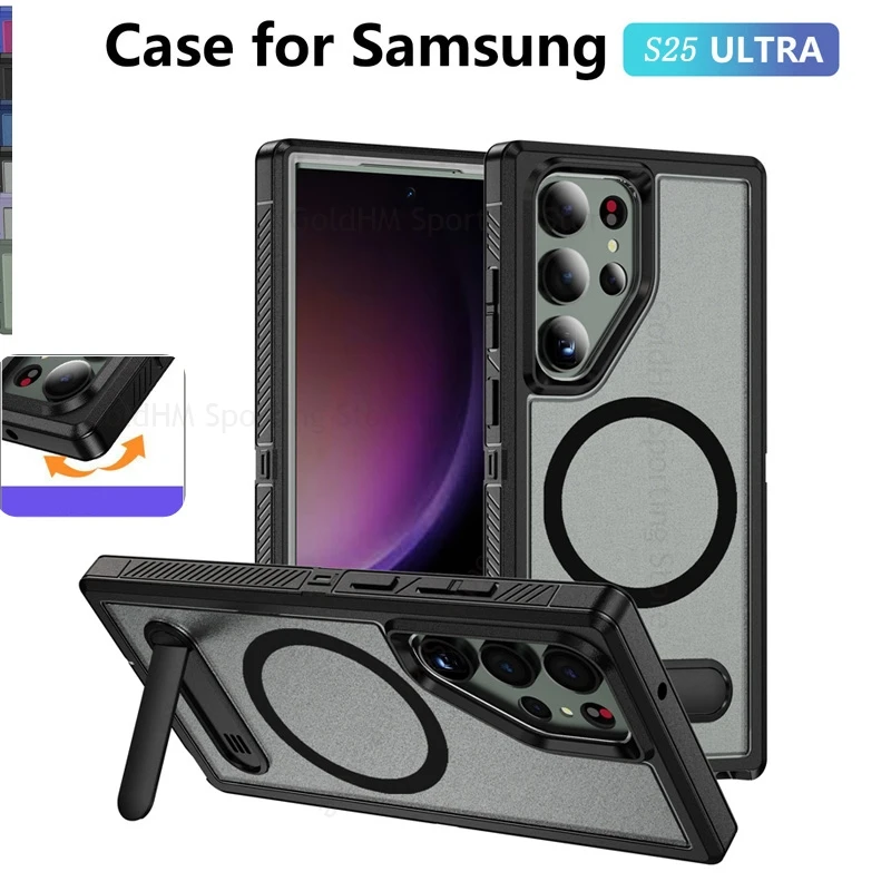 

Heavy Armor Shockproof Case For Samsung S25 Ultra 5G S23 FE S22 S24 Plus Wireless Charging Magnetic Kickstand Bracket Back Cover
