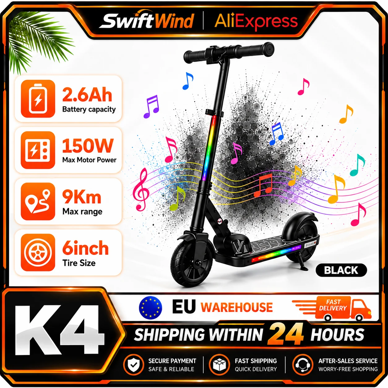 Patinete eléctrico para niños K4, con acelerador y freno de seguridad, 3 velocidades, motor de 150 W, autonomía de 9 km, batería de 2,6 Ah
