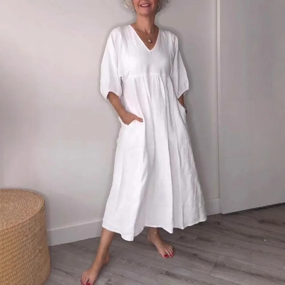 

Women Folds Dresses V Neck Solid Long Dress Loose Spliced Pockets Ankle Length Vestidos Lantern Sleeve Casual 2025 Summer