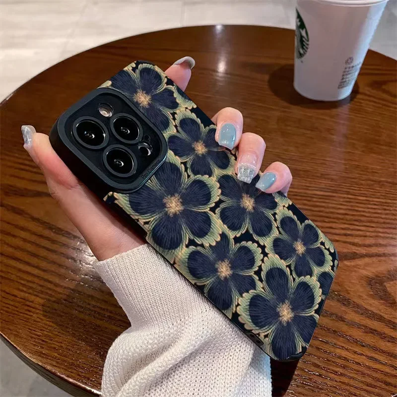 Funda de teléfono con flores verdes y negras, carcasa a prueba de golpes para IPhone 11, 12, 13, 14, 15, 16 Pro Max, 16 Pro Max