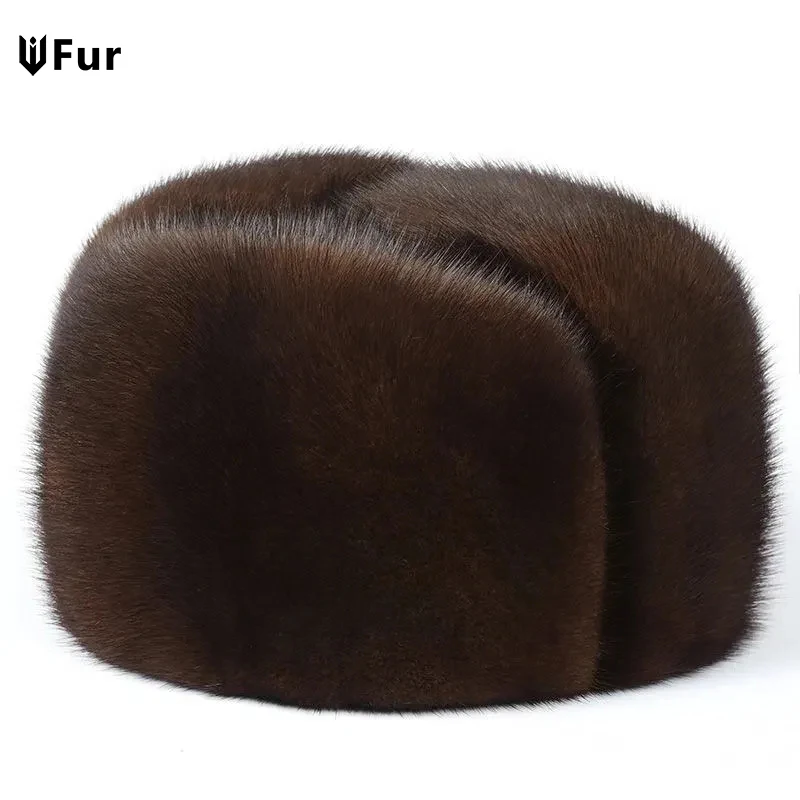 Winter Thickened Genuine Mink Fur Bomber Hat For Man Black/Brown Tag Elderly Ear Warm Chapeau Motorcycle Russian Style Mink Caps