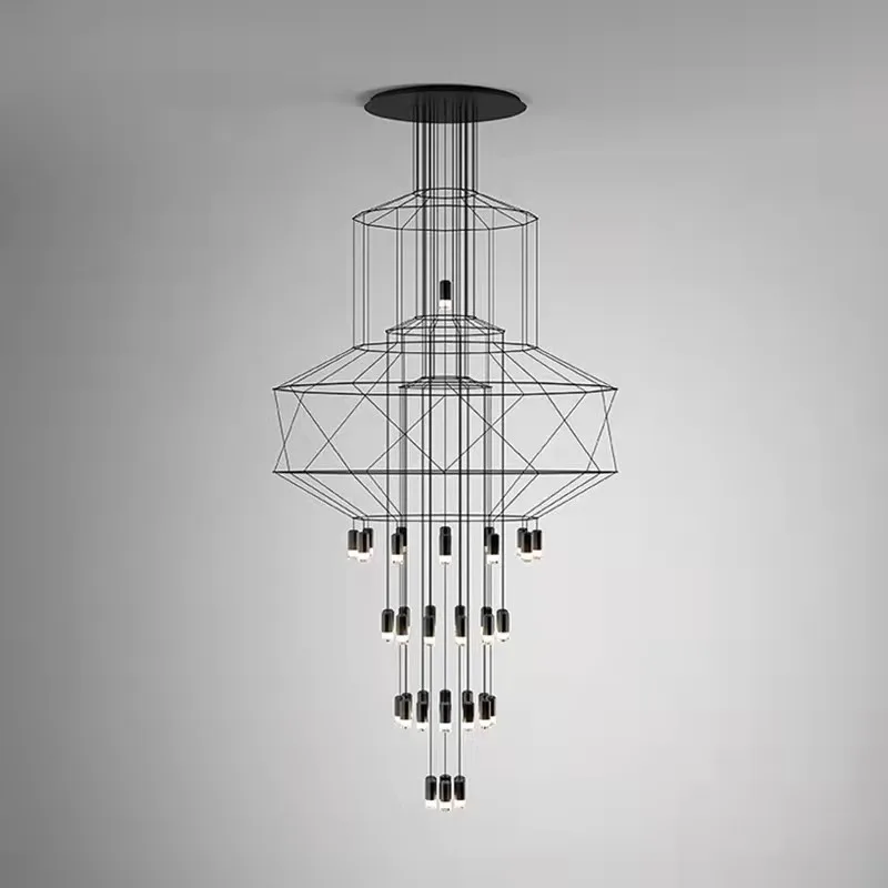 

Nordic simple creative personality loft black geometric lines villa living room empty duplex staircase long chandelier