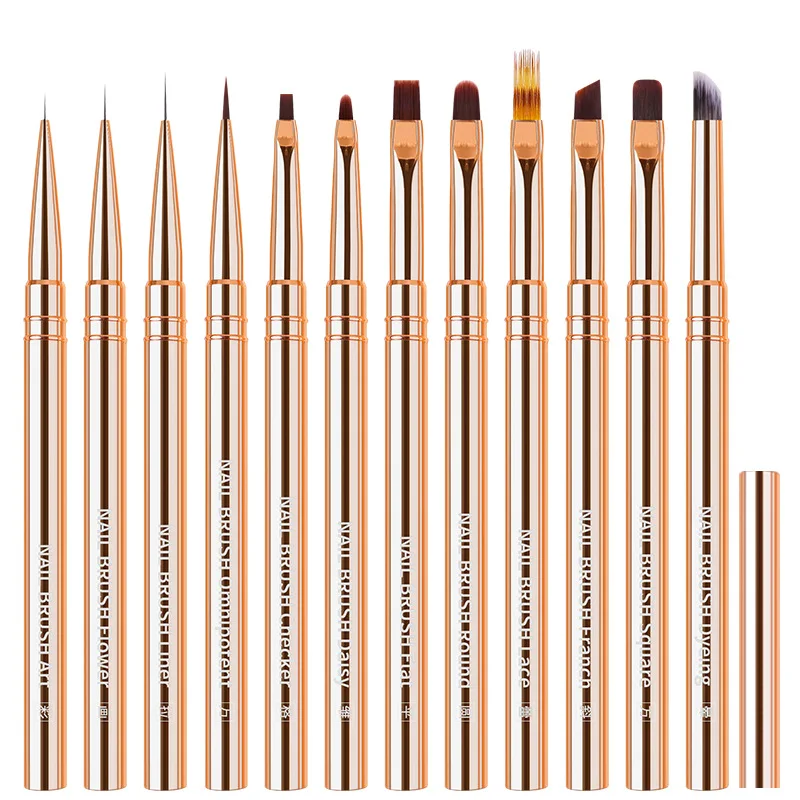 1/12PCS Pennello per nail art in oro Pennello per unghie con gradiente di diamanti Pennelli per pittura a linea Unghie Penna da disegno con fodera in acrilico di cristallo