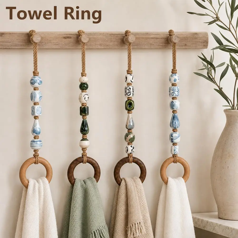 Round Towel Rack Beaded Towel Hanger Hand Towel Holder For Bathroom Kitchen Decor Rustic Wood Bead