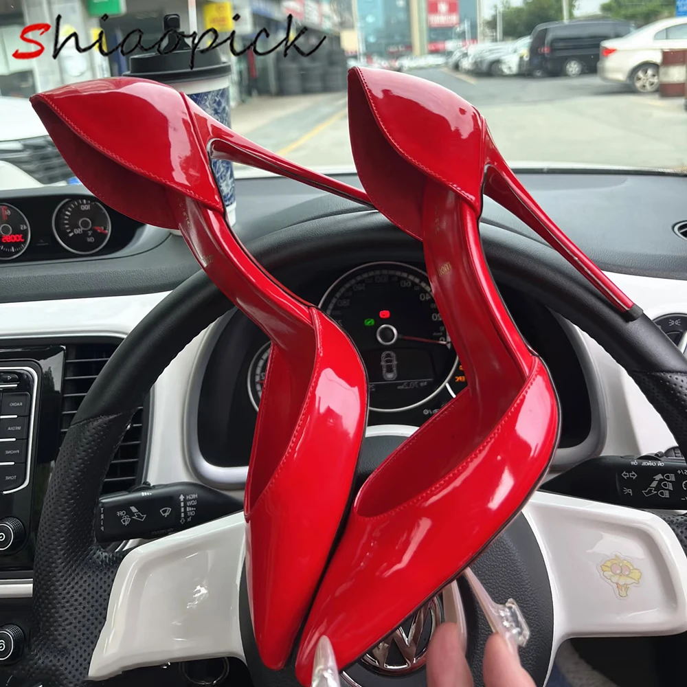 

12CM Chic Women Two-piece Pumps Elegant Stilettos All Black Model Dress High Heels Pointed Toe Glossy Celebrity Shoes Big Size46