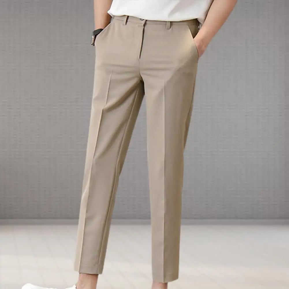 Men Suit Pants Popular Casual Business Pants Mid Waist Ankle Length Business Pants Office Clothes