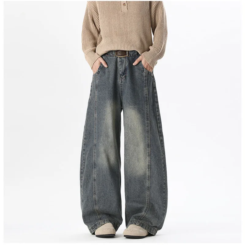 

2026 Trendy Brand Baggy Denim Pants for Men High Street Cool Hip-Hop Style Wide Leg Jeans Man Split Structure Sickle Pants