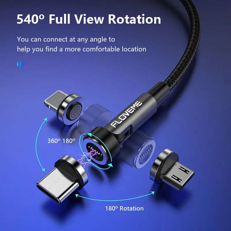 Floveme 540 Degree Fast Charging 7 Pin Magnetic Absorption Data Cable 3A Fast Charging Mobile Phone Data Cable Wholesale