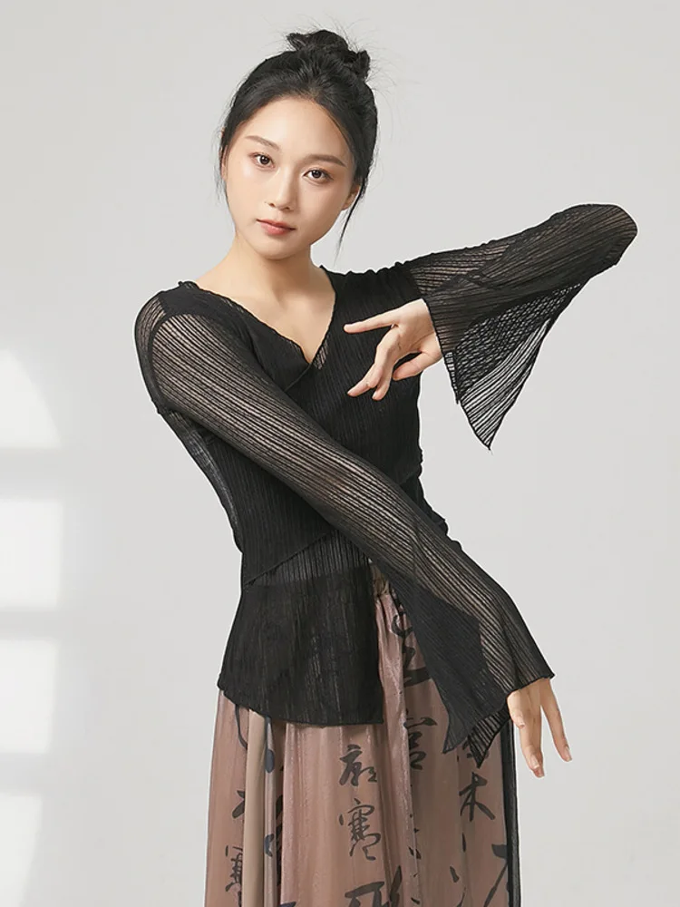 Mulheres dança clássica topo cor sólida malha sino manga longa divisão camisa para desempenho de palco treinamento ensaio traje elegante