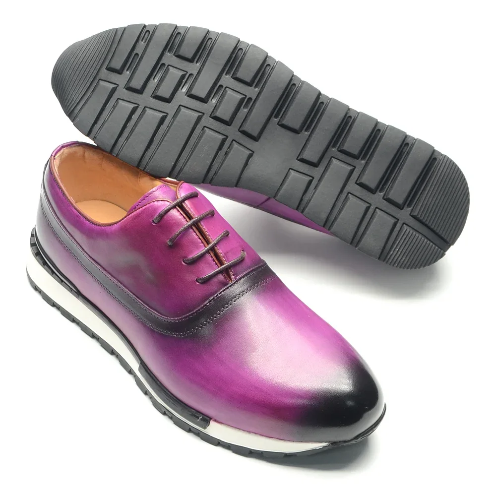 Luxury Classic Oxford Shoes for Men Genuine Leather Lace-up Plain Toe Handmade Casual Sneakers Black Blue Purple Male Footwear