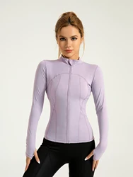Women's Solid Zip Up Thumb Hole Sports Jacket, Long Sleeve Stand Collar Outerwear for Yoga Gym Workout, Ladies Sportswear for Al