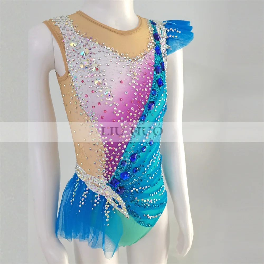 Liuhuo personalizar feminino menina traje desempenho ginástica rítmica collants competição patinação no gelo vestido azul cheerleading