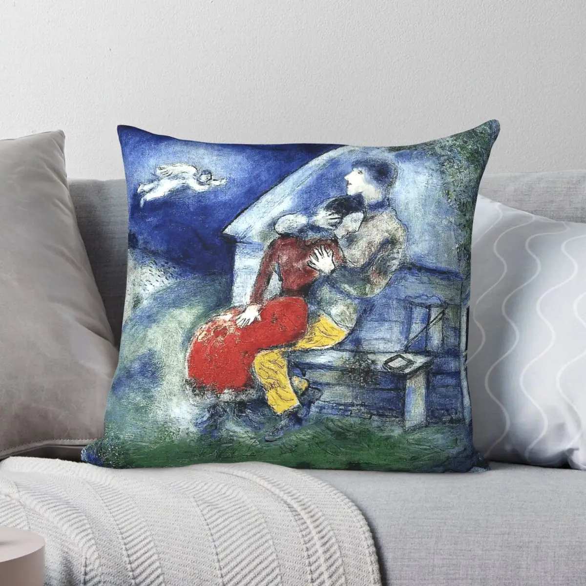 Les Amoureux Marc Chagall Quadratischer Kissenbezug aus Polyester, Leinen, Samt, bedruckt, mit Reißverschluss, Dekokissenbezug für das Auto