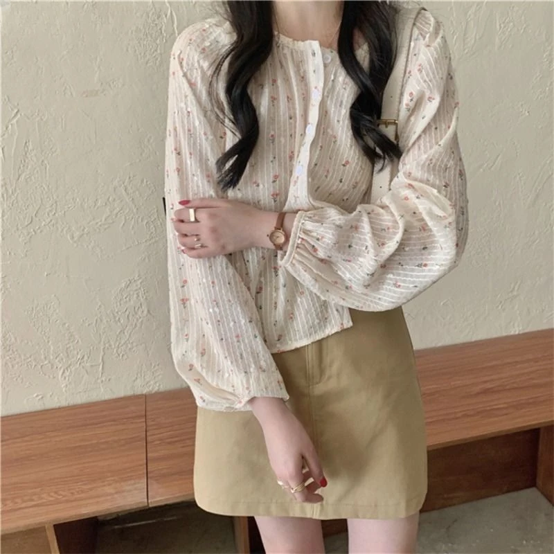 Long Lantern Sleeve Floral Blouses Women Korean Fashion Streetwear Popular All-match Simple Summer Spicy Girls College Daily