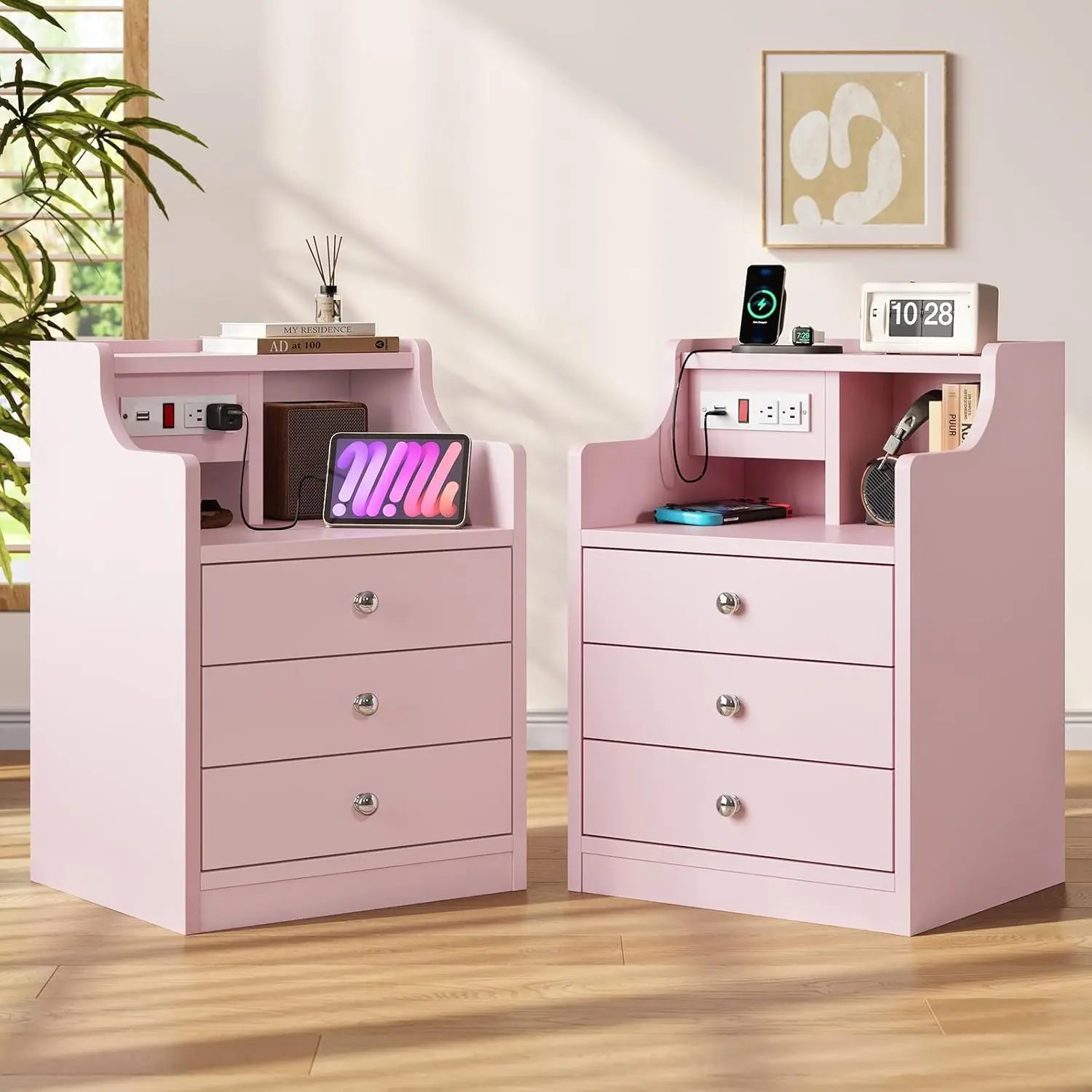 Night Stand Set 2,Pink Nightstand with Charging Station & Hutch,Night Stands for Bedrooms Set of 2,Bedside Table, Customized