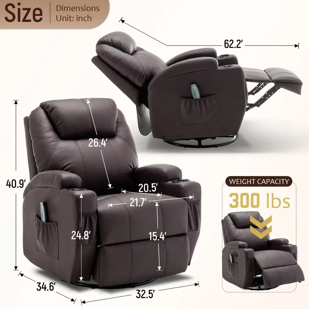 Recliner Chair, Rocking Chair with Massage and Heat, 360° Swivel, Rocker Manual Recliner  Living Room, Bedroom, Nursery