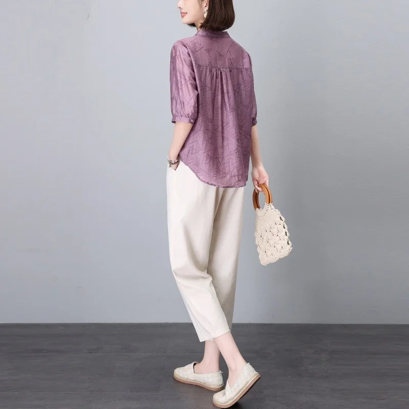 

Cotton Linen Women's Suit Summer Faionable Agel Mom's Outfit Tee-Piece Set irt Pants Ensemble