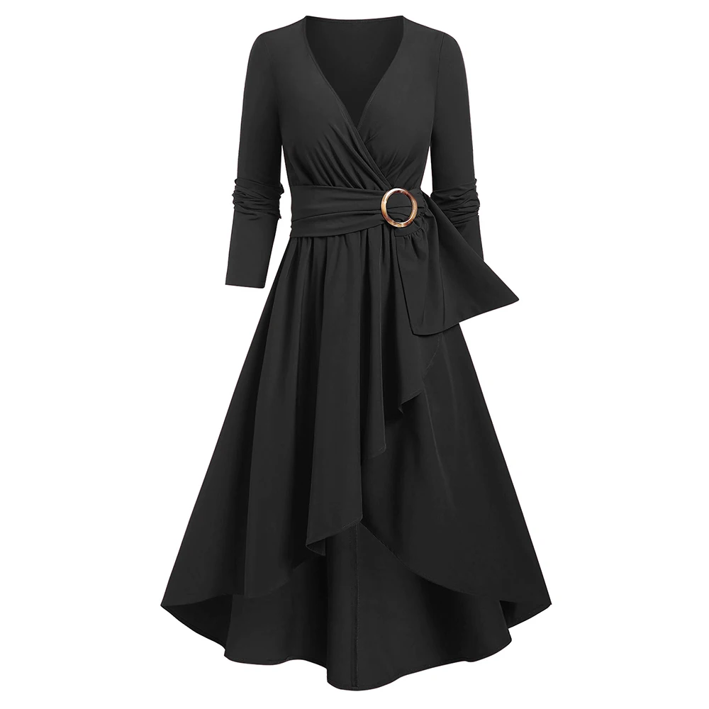 O Ring High Low Overlap Surplice Midi Dress Long Sleeve Wedding Guest Flare Midi Party Vestido Feminino