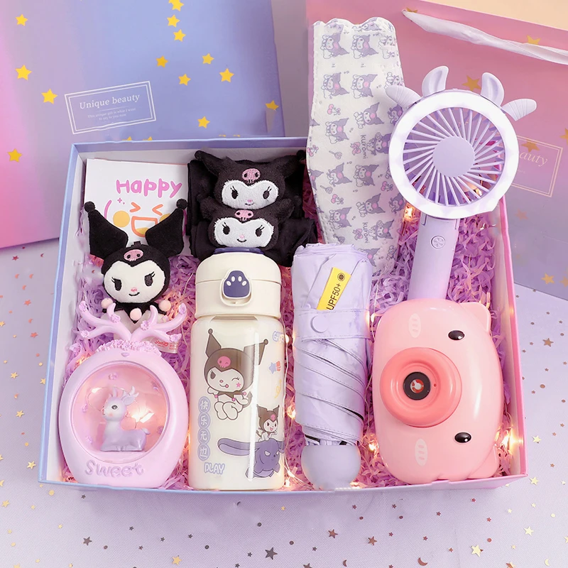 Kawaii Sanrios Kuromi Birthday Gift Box for Girlfriends Best Friends Creative Plush Dolls Bouquet Ice Sleeve Fan Night Light Cup