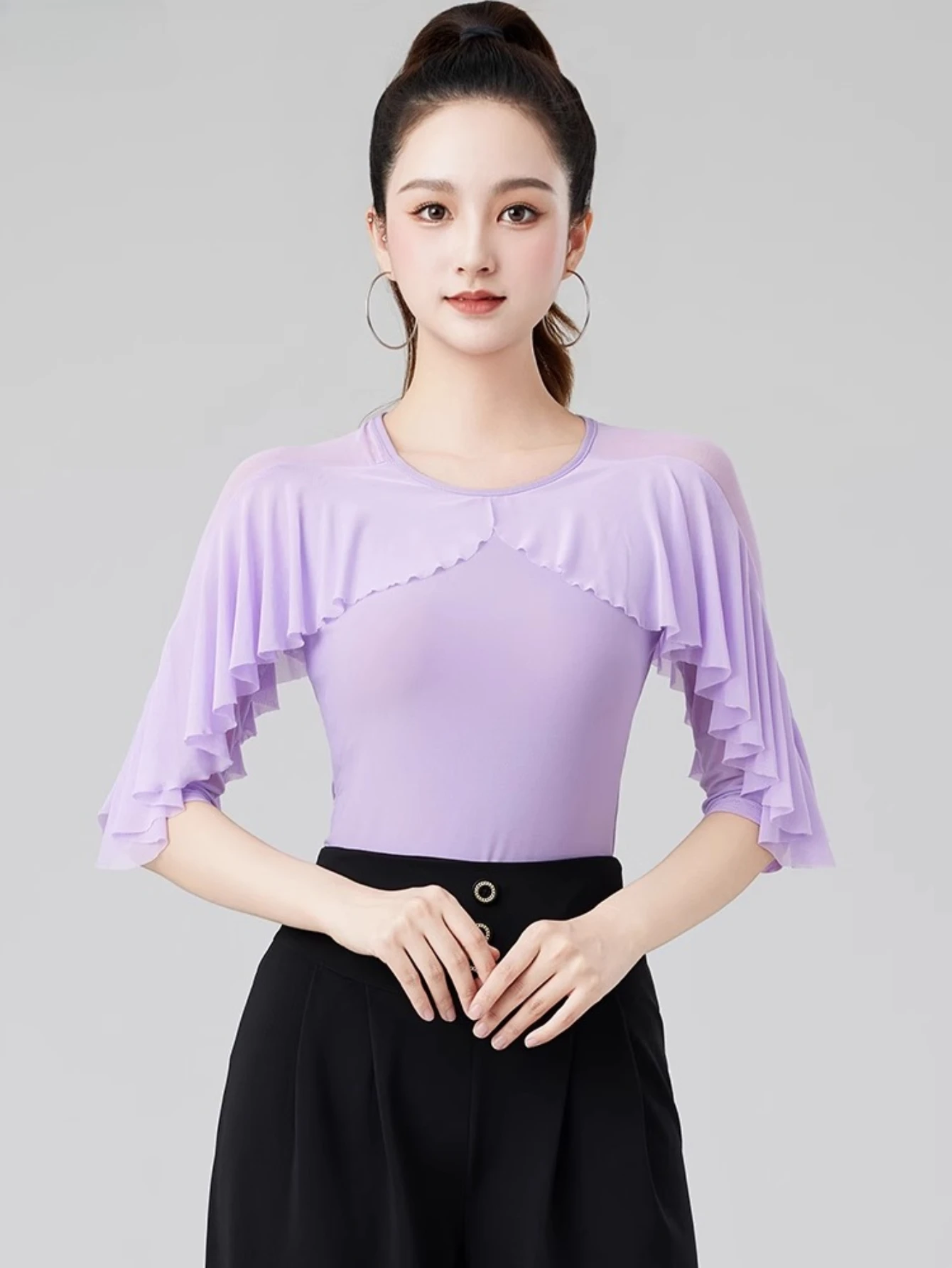 Haut de danse latine pour femmes adultes, nouveau Costume à manches en feuille de Lotus, pour salle de bal, Samba, spectacle de danse moderne, robe d'entraînement de danse