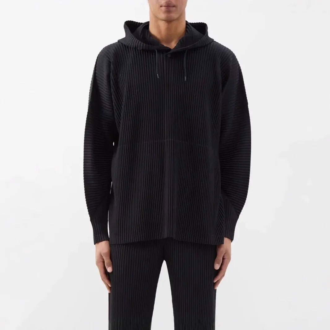 Miyake 2025 Classic New Hooded Sweater Pleated Fashion Loose Casual Pleated Simple Drawstring Pullover Hoodie Pleats Men's